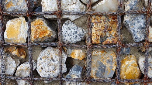 Textured close-up of welded gabion featuring irregularly shaped stones in earthy tones, highlighting the metal grid structure, construction, landscaping, retaining walls, outdoor design. photo