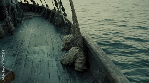 Close up of ship deck featuring bobbins and ropes highlighting maritime craftsmanship and marine life context photo