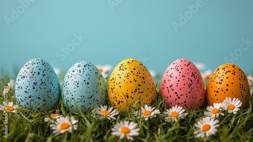 Colorful Easter eggs nestled among daisies in a vibrant spring garden setting