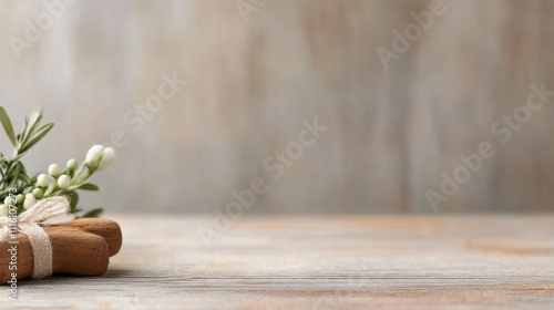 Wooden house model next to green leaves on a wooden surface in a bright natur...