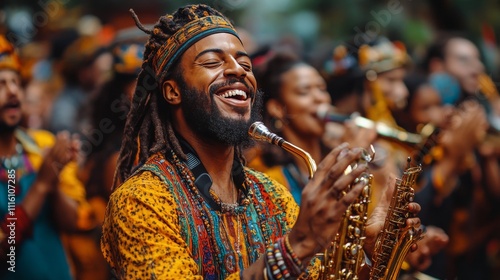 Colorful celebration with musicians and dancers at a vibrant festival during ...