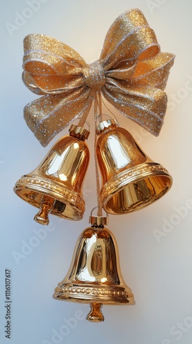 Decorative golden bells hang elegantly with a sparkling bow for festive celeb...