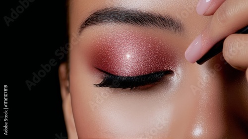 Elegant makeup application highlighting shimmering eyeshadow and precise eyel...