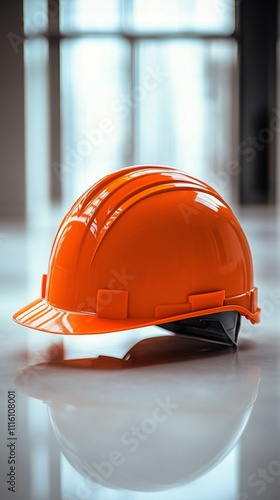 Bright orange hard hat resting on a table in an industrial workspace with lar...
