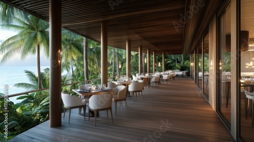 Outdoor dining area surrounded by lush greenery and soft lighting during even...