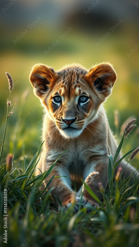 Fototapeta premium Cute lion cub resting in tall grass during golden hour in a natural habitat setting