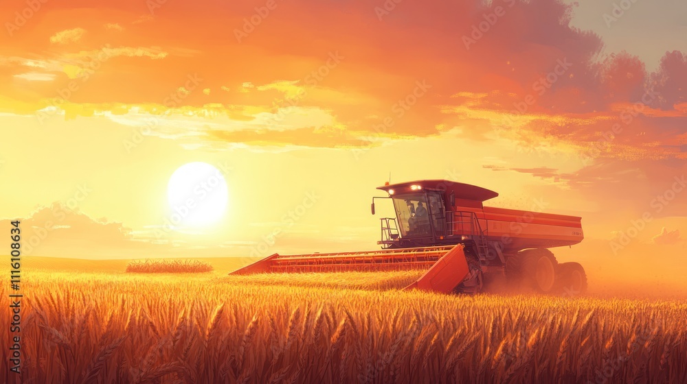 Fototapeta premium A combine harvester working in a golden wheat field at sunset.