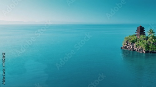 Coastal view of a traditional structure on a rocky island with calm blue ocea...