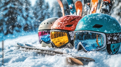 Colorful ski helmets and goggles resting in fresh snow at a winter resort
