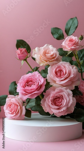 Pink roses beautifully arranged on a white pedestal surrounded by delicate gr...
