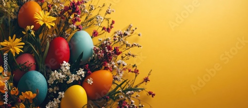 Colorful Easter eggs and spring flowers on a bright yellow background with ample copy space for festive greeting or promotional message photo