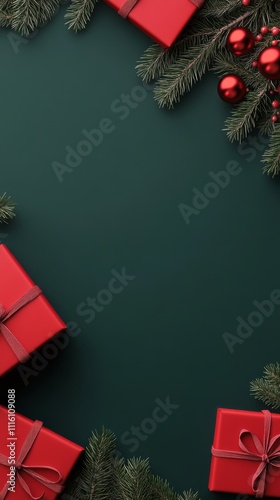 Festive holiday gifts surrounded by evergreen branches and ornaments on a dar...