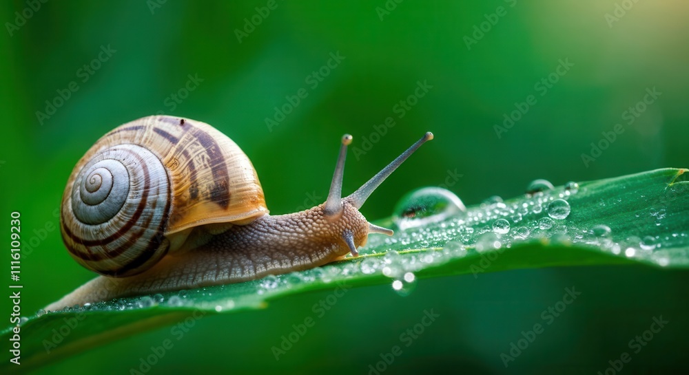 Serene snail journey on dew-kissed leaf Serene snail journey on dew-kissed leaf