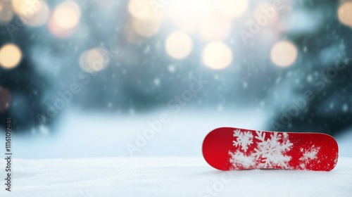 Snowboard resting on pristine snow at sunset in a mountain landscape