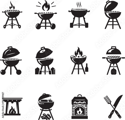 Grill BBQ icon silhouette set. Charcoal grills, Gas grills, and Wood fired grills Vector illustration