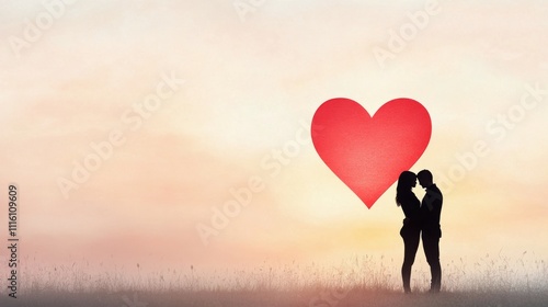 Romantic moment between couple with heart symbol in the background at sunset
