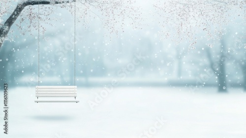 Snow covered landscape with a swing under a tree in winter tranquility