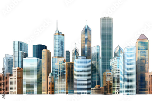 A modern city skyline featuring various skyscrapers and architectural styles. transparent background