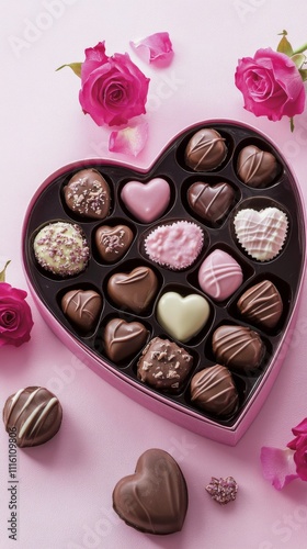 Heart shaped box of assorted chocolates surrounded by fresh roses on a pink b...