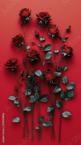 Beautiful arrangement of red roses on a vibrant red background with green leaves