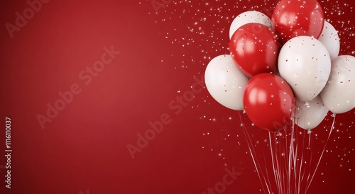 Colorful red and white balloons with confetti against a vibrant background