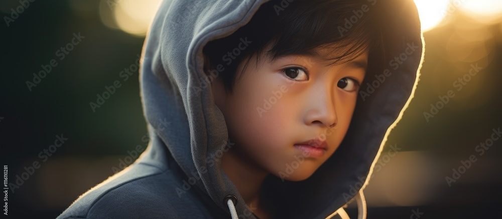 Portrait of a young Asian boy in a hooded sweatshirt illuminated by soft morning light capturing innocence and curiosity Portrait of a young Asian boy in a hooded sweatshirt illuminated by soft morning light capturing innocence and curiosity