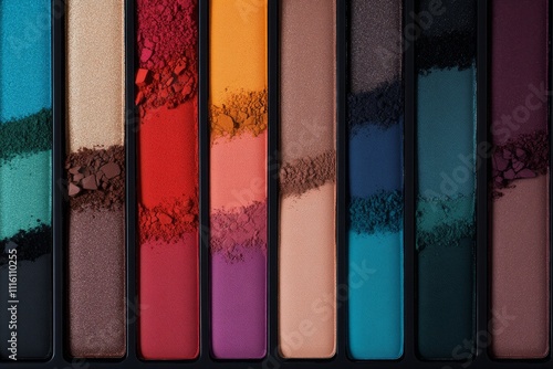 Vibrant assortment of eye shadow shades arranged in a colorful palette for ma...