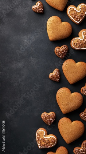 Heart shaped cookies arranged beautifully on dark surface with flour dust