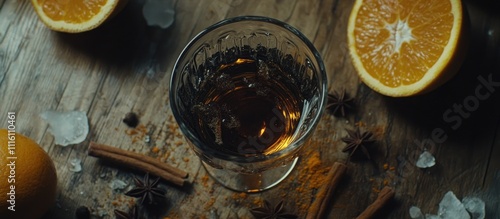 Mulled wine in a glass with spices and orange slices artfully arranged on a rustic wooden table top suitable for winter beverage promotions photo