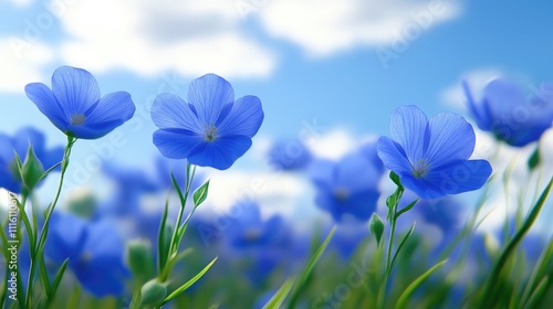 Flax flowers blooming in agricultural field under blue sky with white clouds representing natural clothing production materials photo