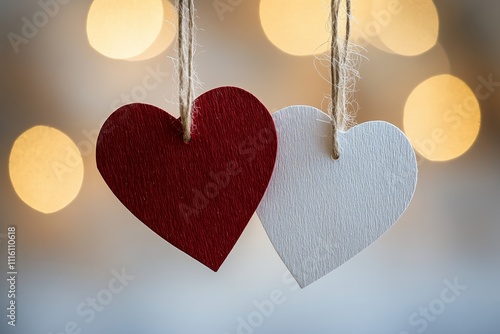 Decorative red and white hearts hanging together in soft background lights