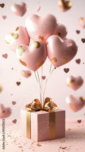 Colorful heart shaped balloons rising from a festive gift box for a joyful ce...