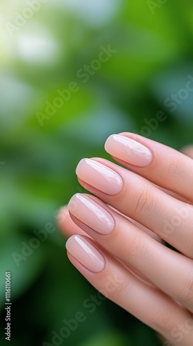 Elegant manicure with neutral polish against lush green foliage background
