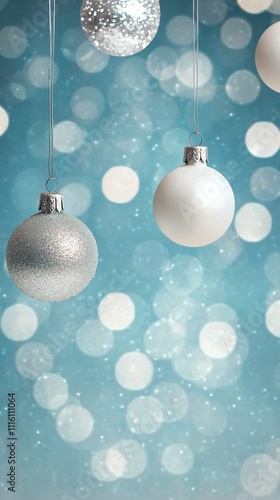 Elegant silver and white ornaments hang against a soft blue background with b...