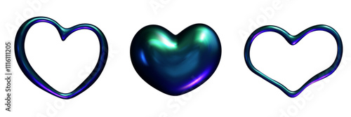 3D heart hologram gradient. 3d y2k chrome metal heart. Render vector holographic