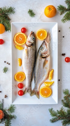 Fresh fish with citrus and seasonal decor on a white platter for a festive me...