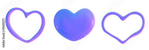 3D heart hologram gradient. 3d y2k chrome metal heart. Render vector holographic