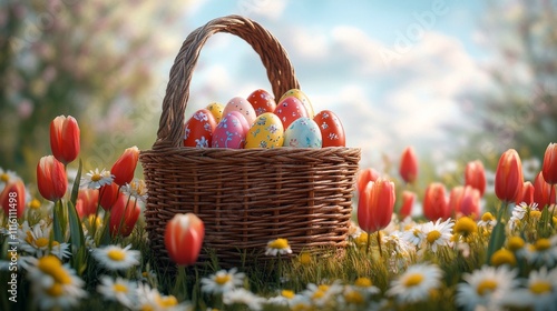 Colorful Easter eggs in a basket among vibrant flowers on a sunny day