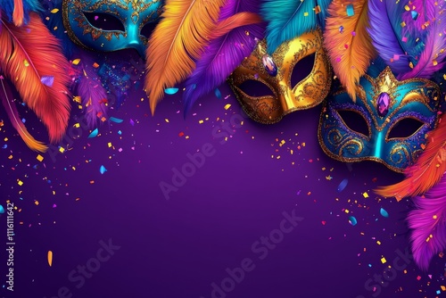 Vibrant carnival mask with colorful feathers and glitter decorations on purpl...