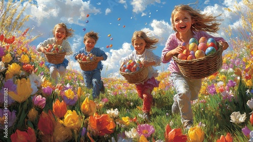 Children playfully gather colorful eggs in a vibrant flower field on a bright...