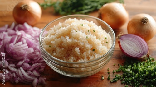 Raw onions and extracted onion pulp displayed in a glass bowl surrounded by chopped onions and fresh herbs on a wooden surface. photo