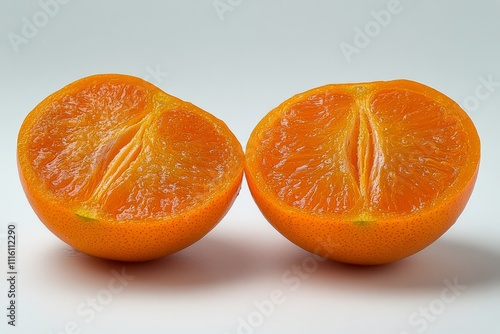 Freshly cut orange halves display vibrant color and juicy segments on a light...