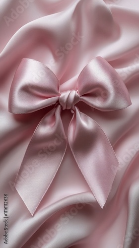Soft pink satin ribbon bow resting on smooth fabric