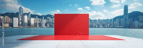 background featuring a 3D red e-commerce promotional product display stand against an urban architectural backdrop. The scene showcases a transparent glass protective film covering the technology exhi photo