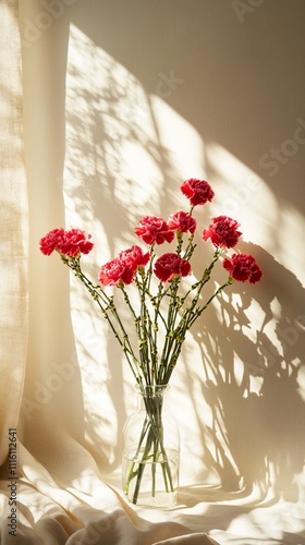 Wallpaper Mural Vibrant red carnations in a clear glass vase with sunlight casting artistic shadows on a calm beige background, creating a serene and elegant ambiance ideal for decor. Torontodigital.ca