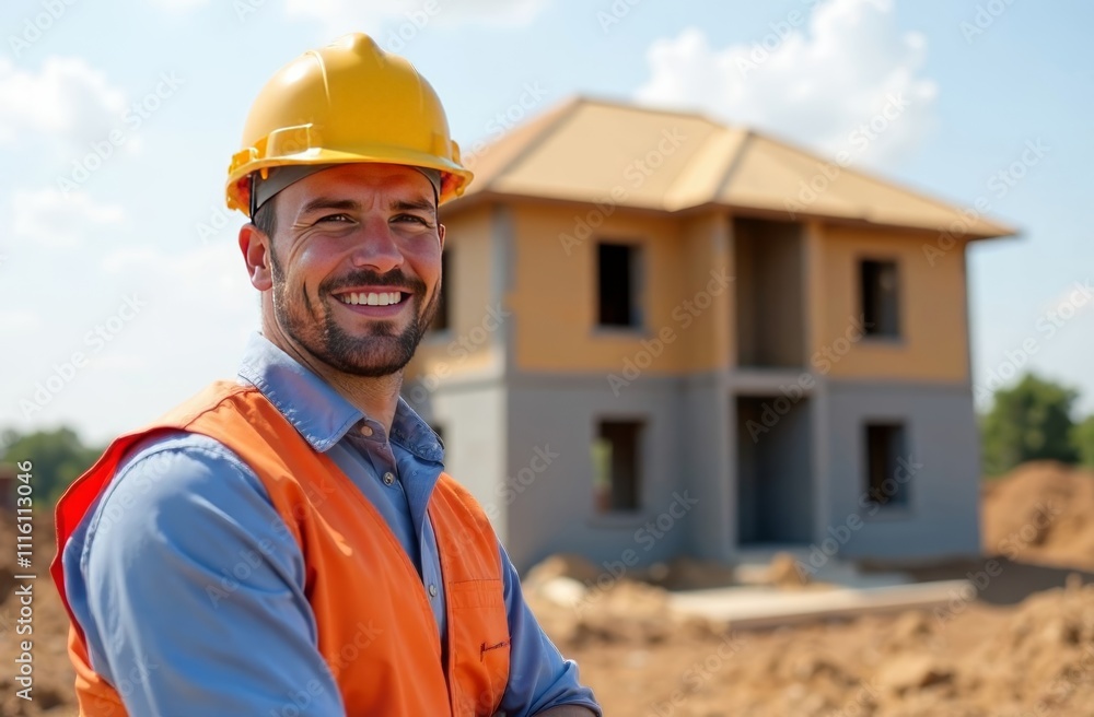 a builder in a helmet in front of a house under construction, against the background of the construction site, free space for text on the right a builder in a helmet in front of a house under construction, against the background of the construction site, free space for text on the right