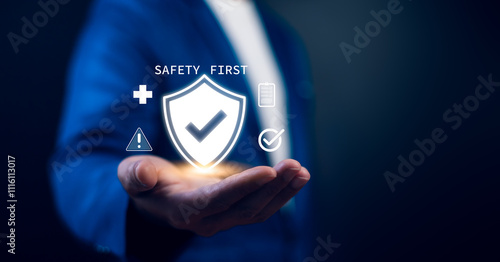 Concept safety first as a priority in professional environments. Work safety and compliance. Industry regulations and standards For standard work processes and zero accidents. Work safety concept.