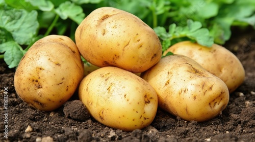 Freshly harvested potatoes on rich soil amidst vibrant green potato plants in a field ready for agricultural use and culinary applications. photo