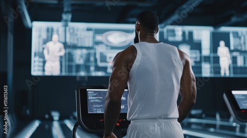 A fit athlete runs on a treadmill, focused on futuristic screens displaying performance metrics in a high-tech gym setting.