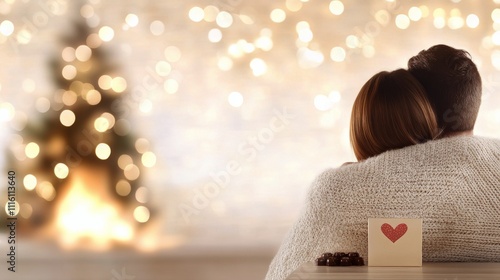 Romantic couple embraces in cozy setting with gifts and soft lights during a ...
